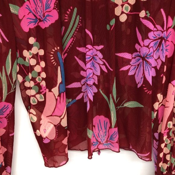 Free People Red Floral Piece Of Paradise Blouse Bell Sleeve Tie Front Crop Top S - Picture 11 of 16